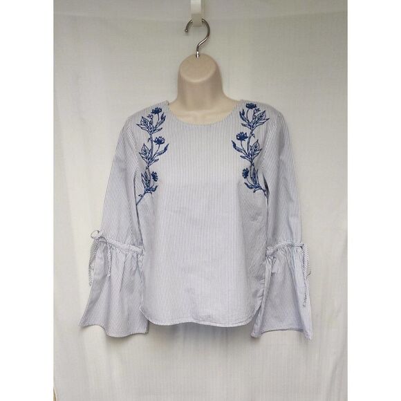 Dizzy Lizzy Bell Sleeve Embroidery Floral Blue Striped Top Size XS - Picture 5 of 11